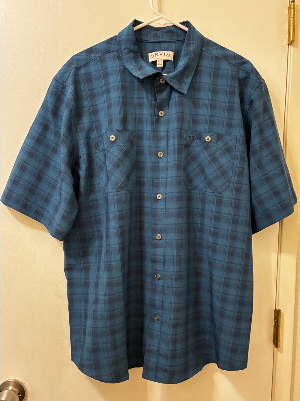 Orvis Mens Blue Plaid Short Sleeve Button Down Shirt XLarge Tech Utility Pockets